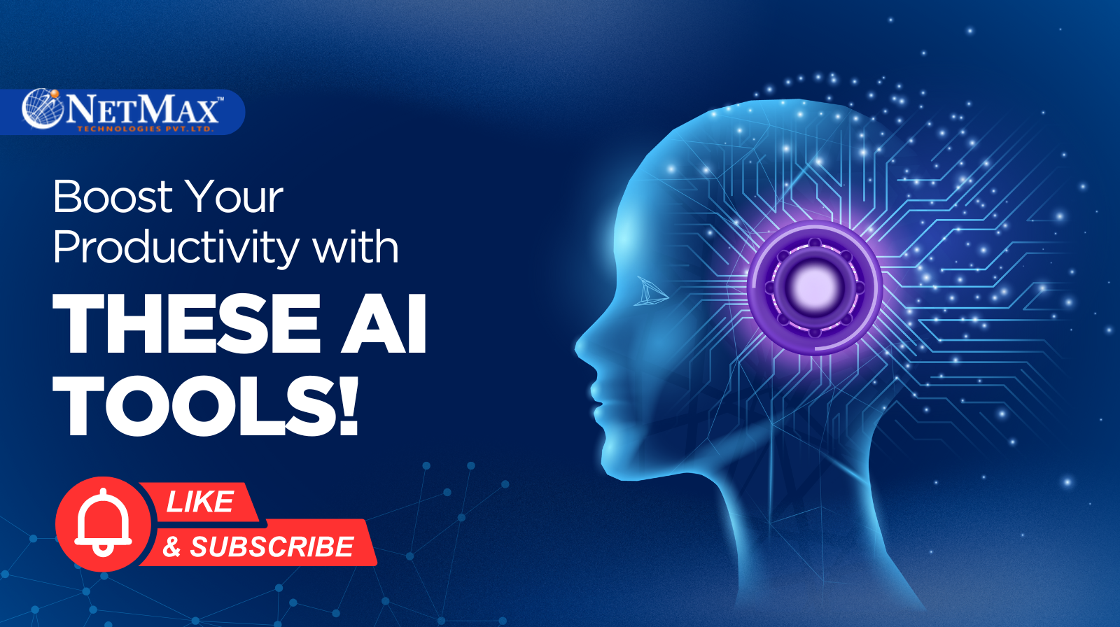 A futuristic blue-themed banner showing a human head silhouette with glowing AI circuits and a digital core near the brain, representing artificial intelligence tools and productivity.