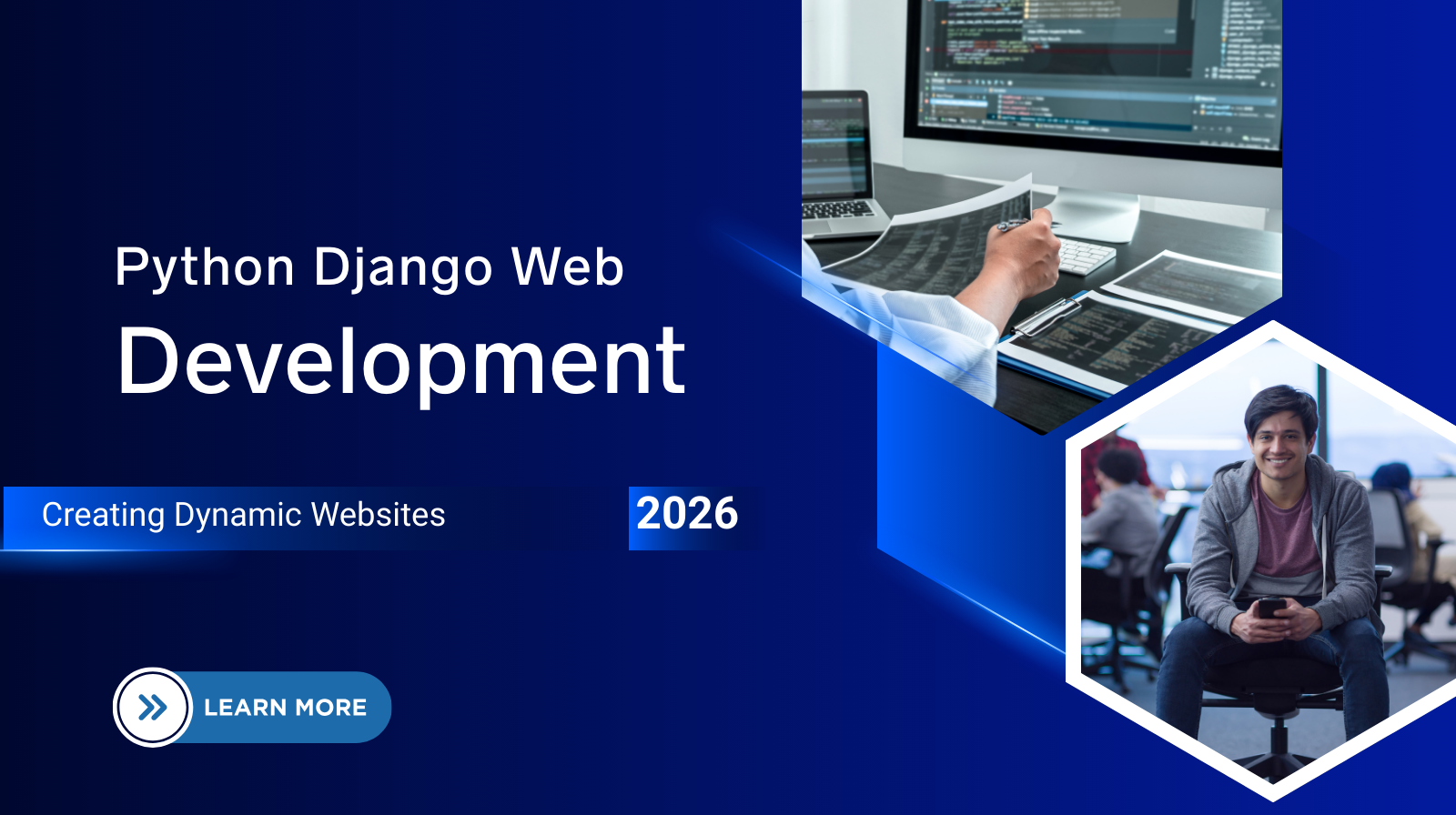 Python Django web development concept showing coding workspace, developer learning backend development, dynamic website creation skills for 2026 IT careers.